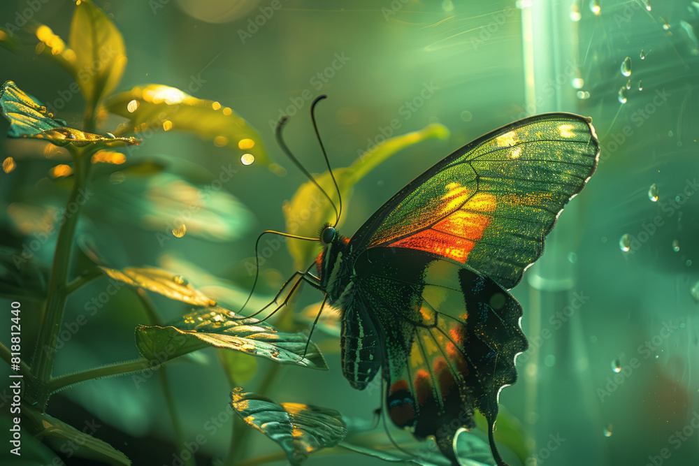 Aufkleber abstract image of a butterfly's wings, their delicate patterns intersected by the lines of a glass t