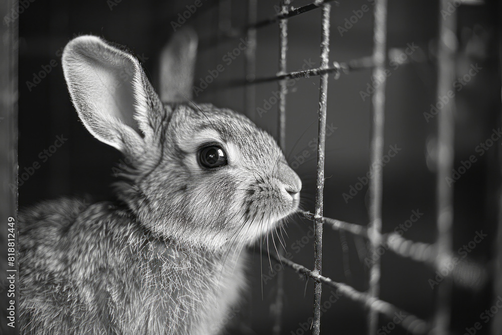 Poster artistic portrayal of a rabbit in a hutch, its form abstracted by the shadows cast by the wire mesh,