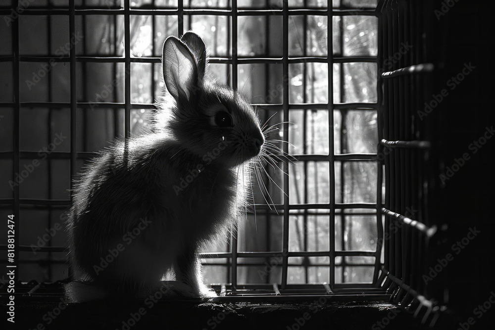 Poster artistic portrayal of a rabbit in a hutch, its form abstracted by the shadows cast by the wire mesh,