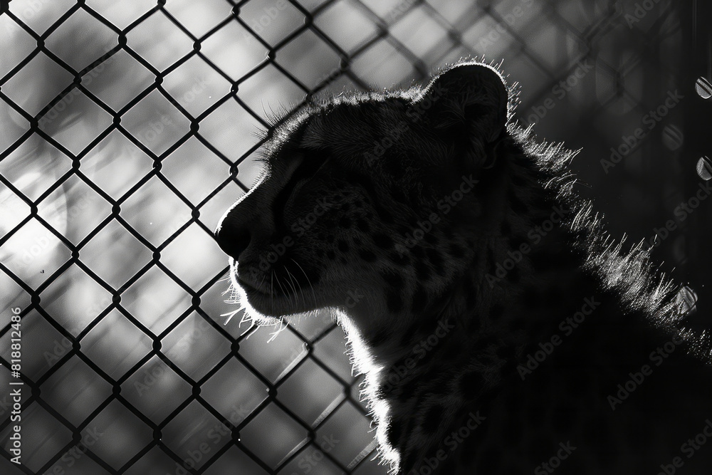 Poster scene of a cheetah behind a chain-link fence, its sleek silhouette broken into geometric shapes by t
