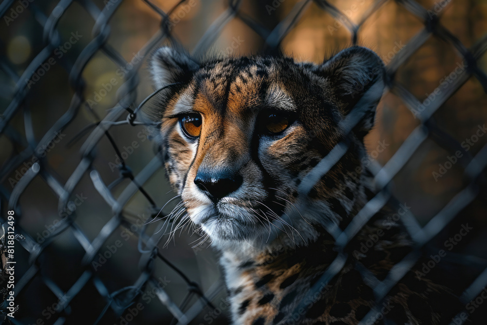 Poster Scene of a cheetah behind a chain-link fence, its sleek silhouette broken into geometric shapes by the grid,