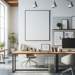 A desk with a computer and a chair in a Room with a mockup poster empty white and with a window used for printing realistic attractive harmony.
