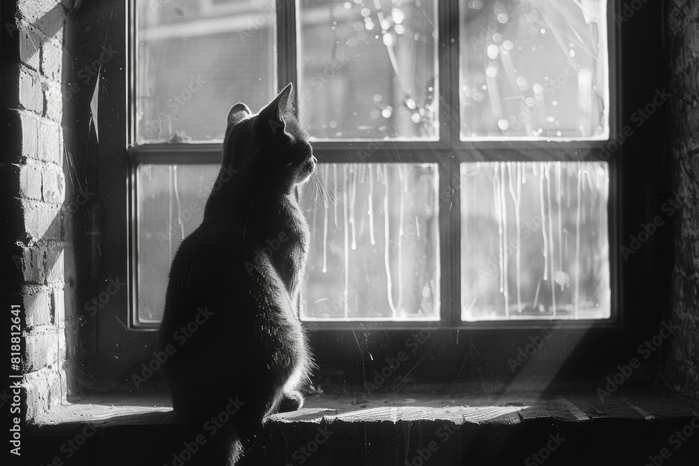 Fototapete dynamic image of a cat sitting on a windowsill, its shadow intersected by the crisscrossing lines of