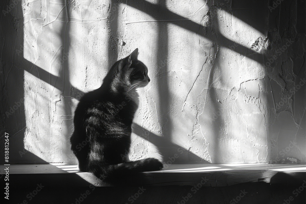 Aufkleber Dynamic image of a cat sitting on a windowsill, its shadow intersected by the crisscrossing lines of the window pane,