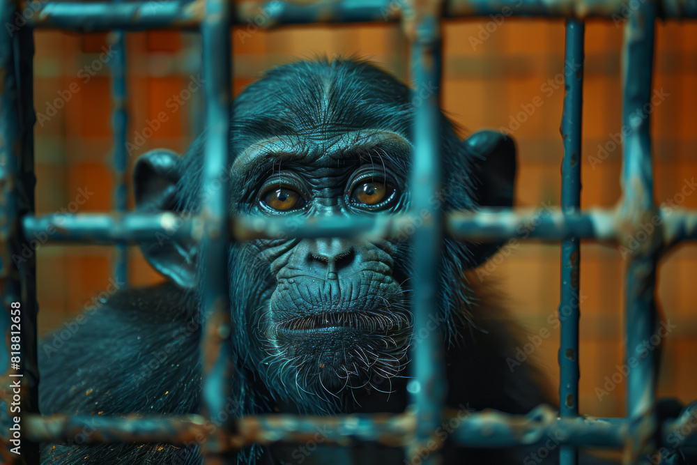 Poster illustration of a monkey in a laboratory cage, its form reflected through a complex lattice of metal