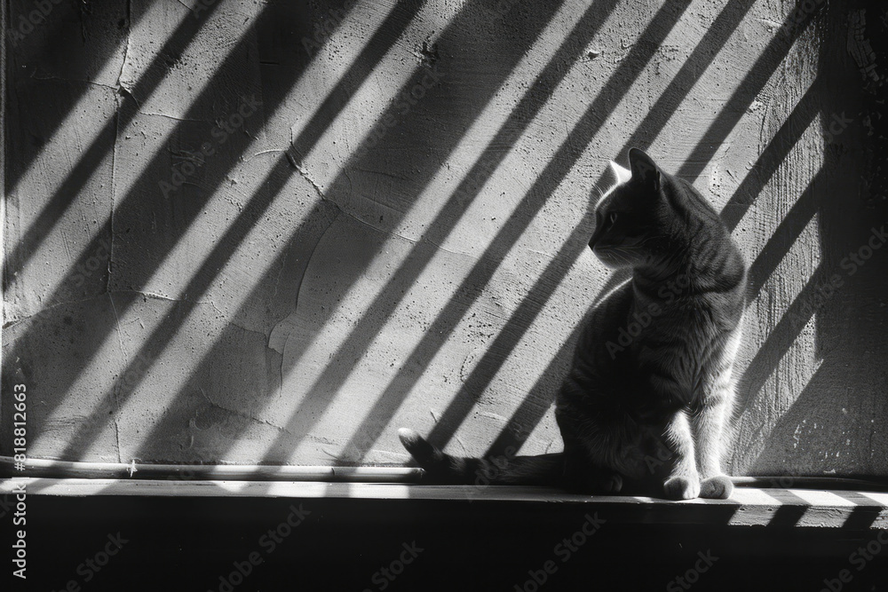Fototapete Dynamic image of a cat sitting on a windowsill, its shadow intersected by the crisscrossing lines of the window pane,