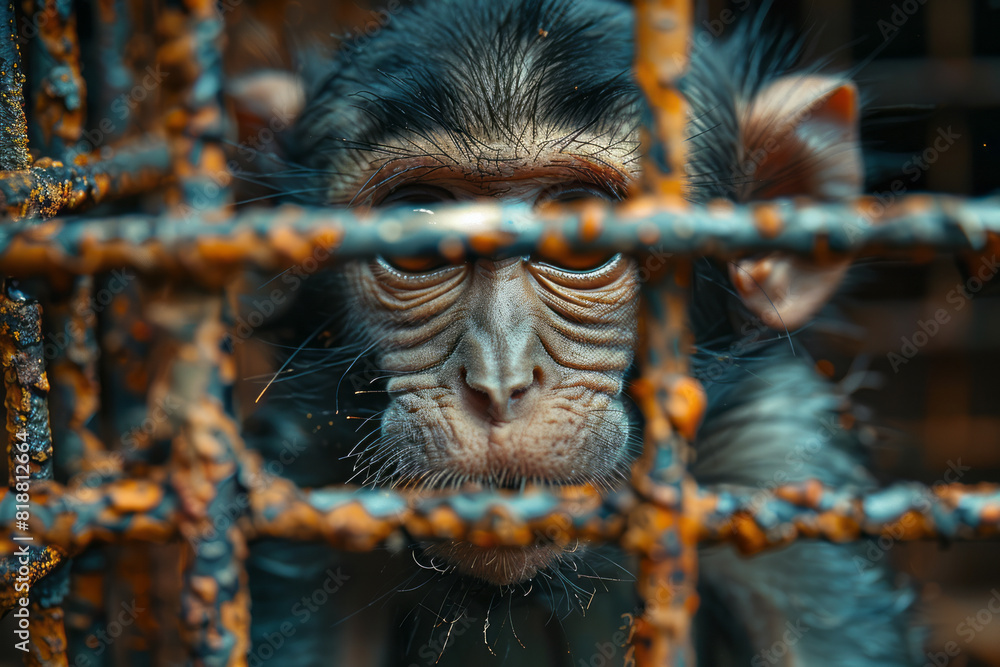 Poster illustration of a monkey in a laboratory cage, its form reflected through a complex lattice of metal