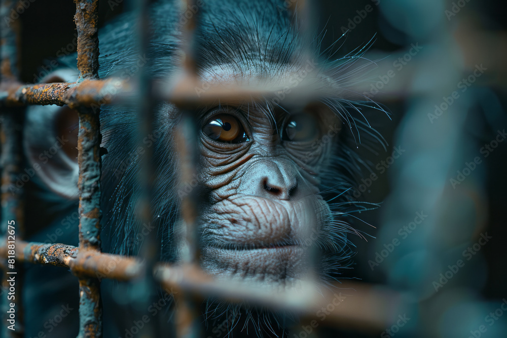 Aufkleber illustration of a monkey in a laboratory cage, its form reflected through a complex lattice of metal