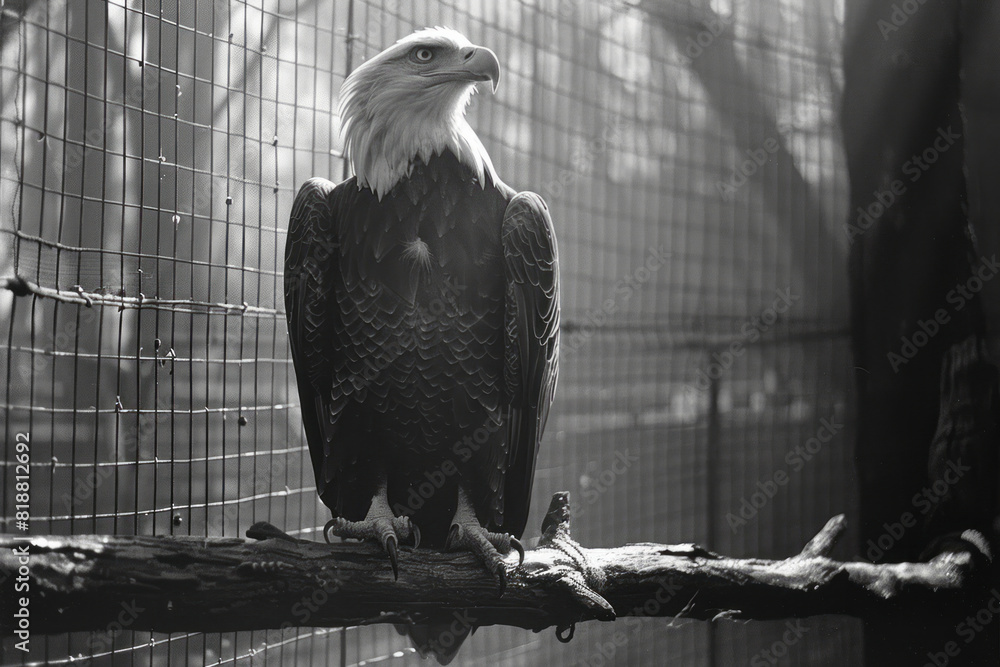 Aufkleber scene of an eagle in a sanctuary, its majestic wings reflected through the mesh of an aviary enclosu