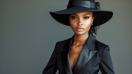 A woman wearing a black hat and a black suit. She is smiling and looking at the camera. elegant dark-skinned woman in a black suit and hat