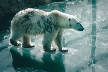Artistic depiction of a polar bear on a melting ice floe, its shadow fragmented by the grid of a research facility,