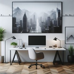 A desk with a computer and a picture on the wall used for printing attractive meaning lively.