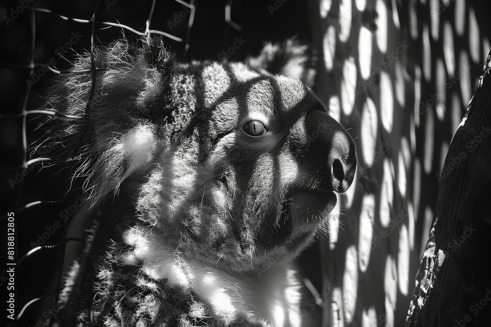 Aufkleber Abstract image of a koala clinging to a tree, its form broken by the shadows of a protective mesh,