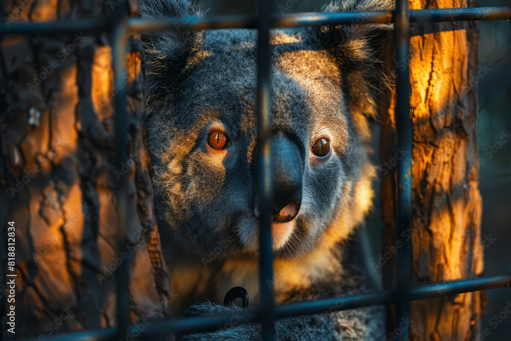 Leinwandbilder abstract image of a koala clinging to a tree, its form broken by the shadows of a protective mesh,