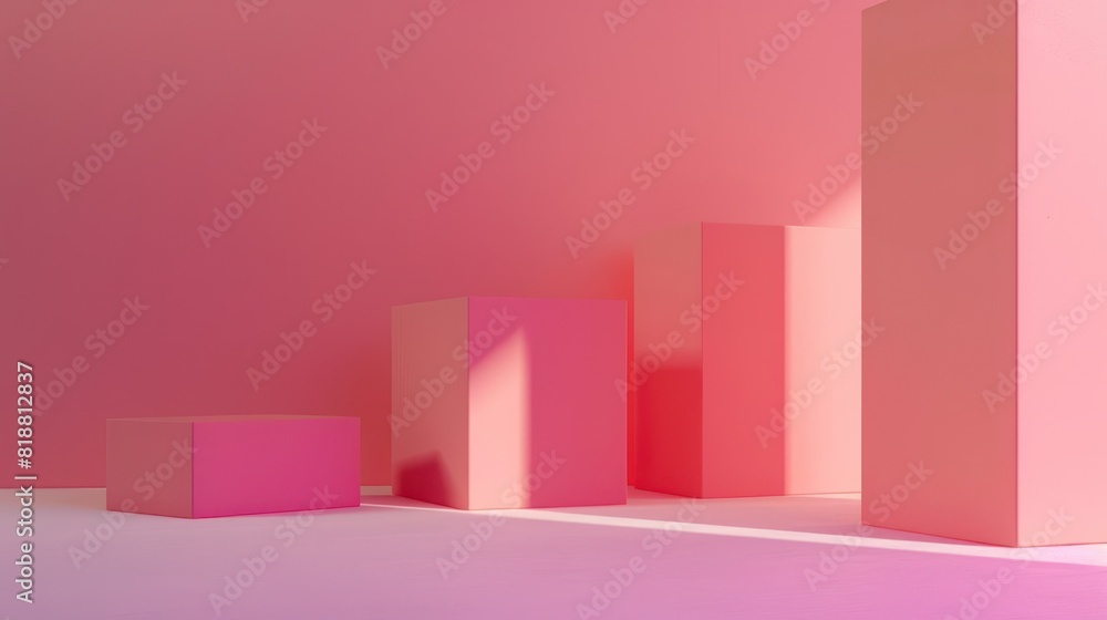 Poster minimalist composition of pink geometric shapes with distinct shadows on a monochromatic background