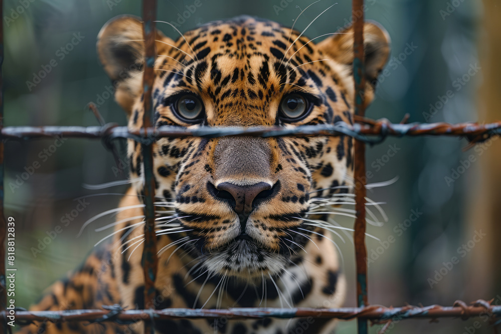 Poster artistic portrayal of a leopard behind bars, its powerful form reflected through the grid of its enc