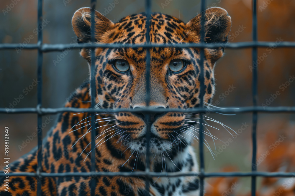 Fototapete artistic portrayal of a leopard behind bars, its powerful form reflected through the grid of its enc