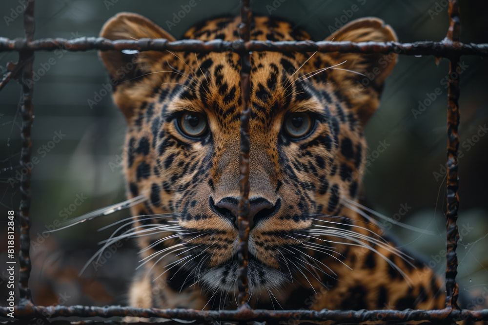 Poster artistic portrayal of a leopard behind bars, its powerful form reflected through the grid of its enc