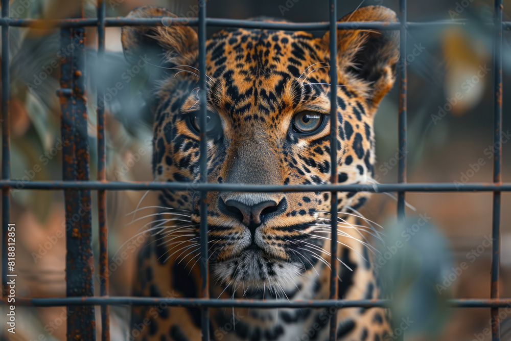Poster artistic portrayal of a leopard behind bars, its powerful form reflected through the grid of its enc