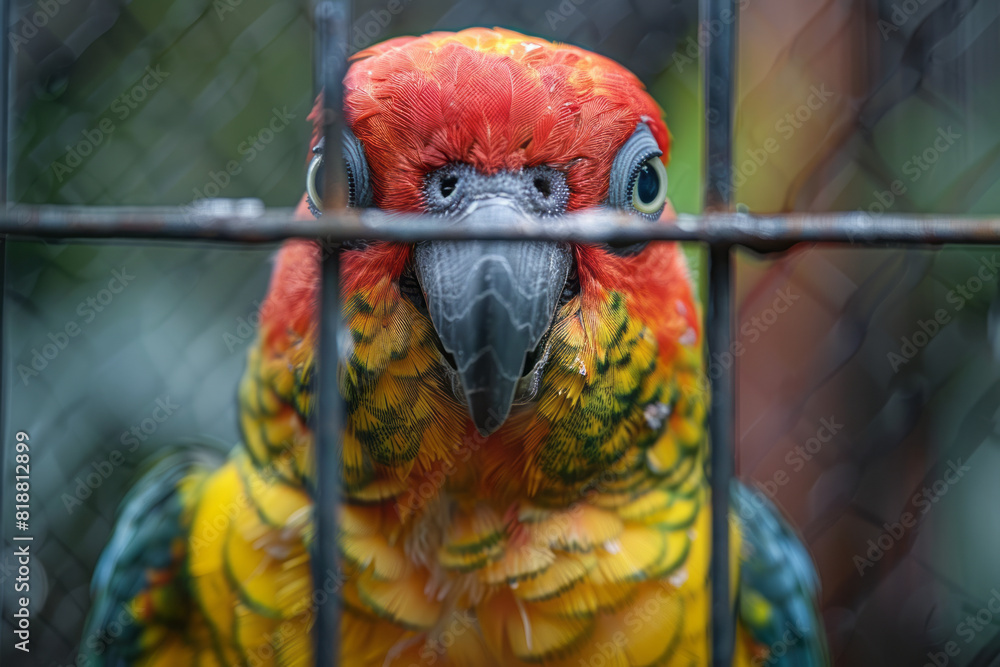 Aufkleber Dynamic image of a parrot in a cage, its vibrant feathers reflected through the complex pattern of the bars,