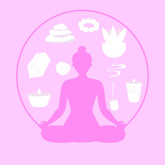 Yoga Fitness Icon. Flat Design Isolated Illustration. With girl sitting in lotos pose in pink colours. With circle on background and yoga items