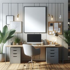 A desk with a computer and a plant on the wall used for printing harmony attractive has illustrative.