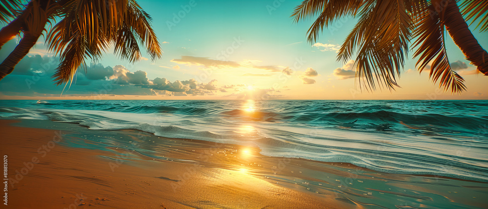 Wall mural golden sunrise over a calm beach, gentle waves reflecting the morning sun, peaceful start to the day