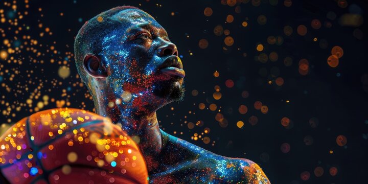 African American basketball player with colorful glitters