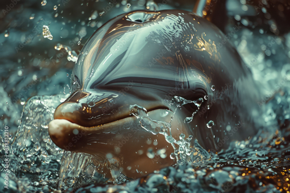 Poster Abstract image of a dolphin with a shattered form, symbolizing the confinement of ocean creatures in tanks,