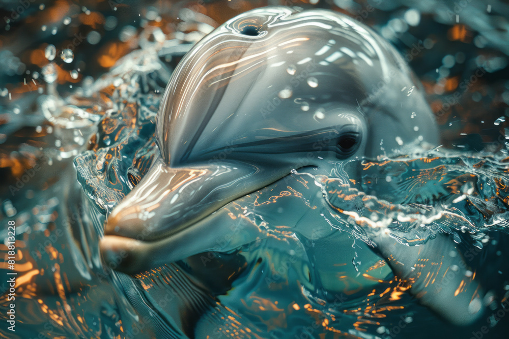 Poster Abstract image of a dolphin with a shattered form, symbolizing the confinement of ocean creatures in tanks,