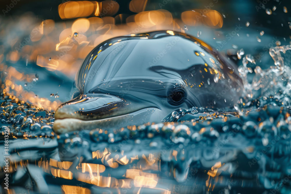 Poster Abstract image of a dolphin with a shattered form, symbolizing the confinement of ocean creatures in tanks,