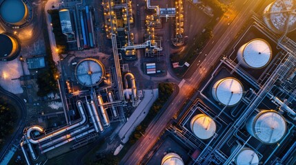 Aerial top view industry petroleum station with beautiful sky background, gas and oil refinery tank for process