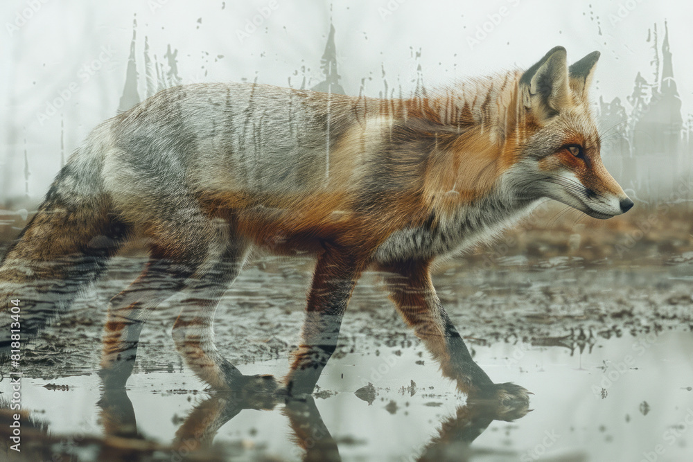 Poster dynamic image of a fox with a torn outline, reflecting the impact of confinement on its natural inst