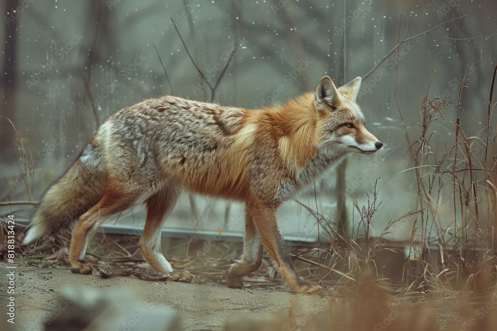 Poster Dynamic image of a fox with a torn outline, reflecting the impact of confinement on its natural instincts,