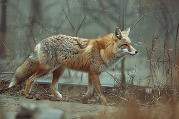 Fototapeta premium Dynamic image of a fox with a torn outline, reflecting the impact of confinement on its natural instincts,