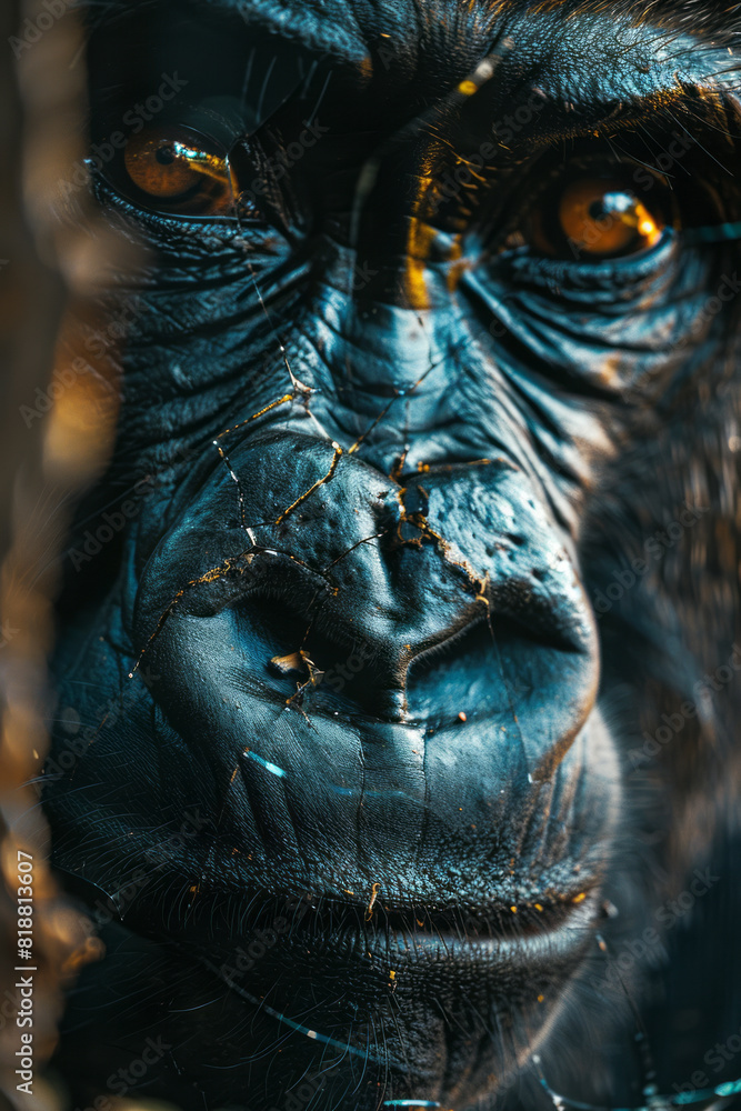 Poster scene of a gorilla with a fragmented silhouette, pieces of its form missing, highlighting its broken
