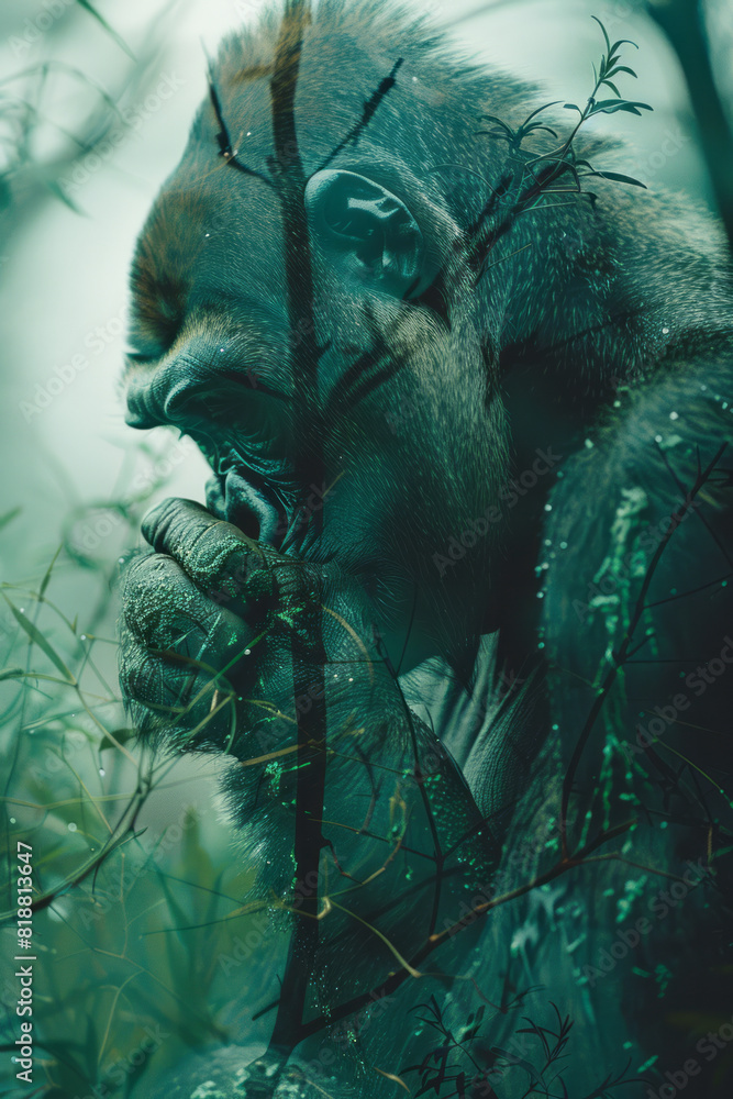 Poster scene of a gorilla with a fragmented silhouette, pieces of its form missing, highlighting its broken