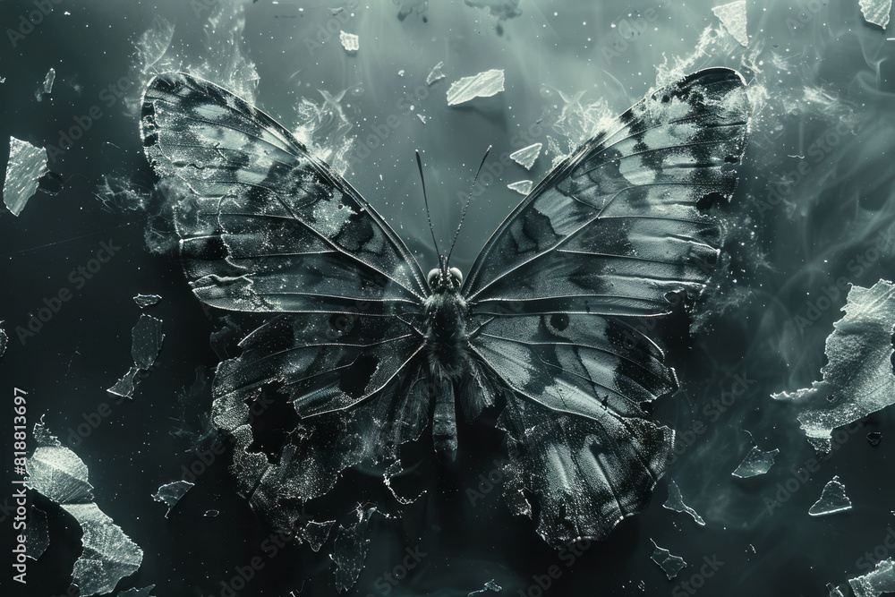 Aufkleber abstract image of a butterfly with torn wings, its incomplete silhouette representing the loss of fr