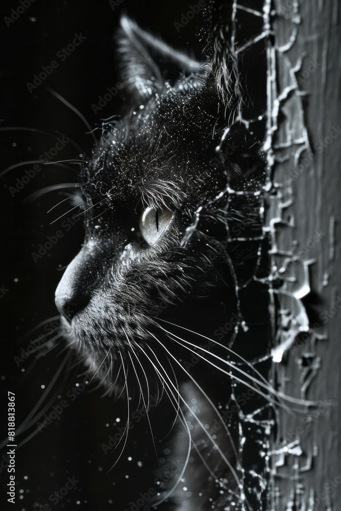 Aufkleber Dynamic image of a cat with a torn outline, reflecting the confinement of felines in enclosed spaces,