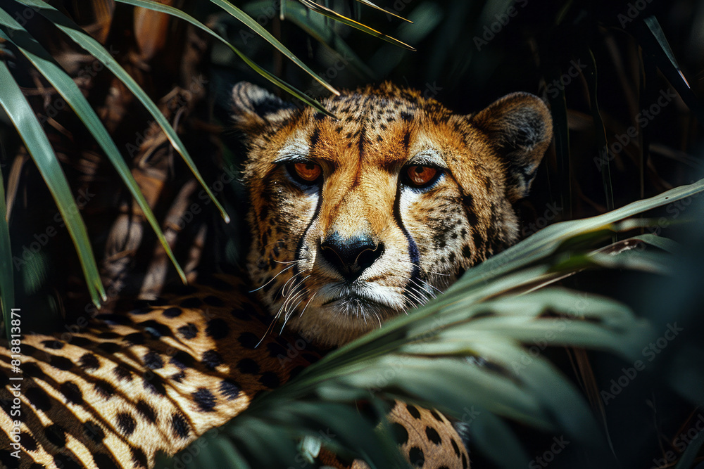 Poster scene of a cheetah with gaps in its body, symbolizing the loss of its speed and freedom in the wild,