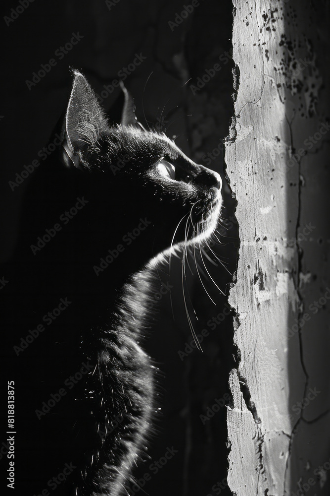 Poster Dynamic image of a cat with a torn outline, reflecting the confinement of felines in enclosed spaces,