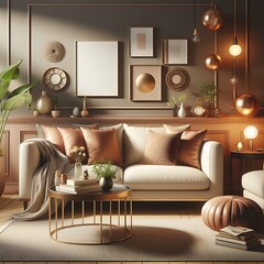 A living Room with a mockup poster empty white and with a couch and a coffee table art card design art used for printing attractive.