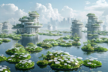 Futuristic floating city in harmony with nature and waterfalls in a world full of water and technology, ecology and green energy concept, renewable energy concept eco