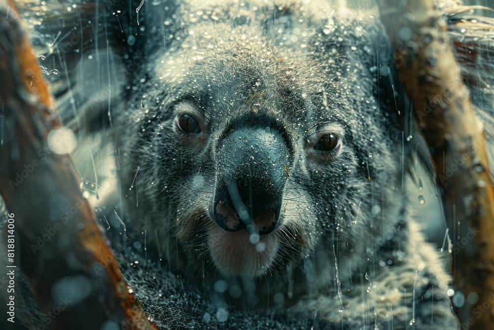 Poster abstract image of a koala with a shattered outline, symbolizing the confinement of arboreal creature