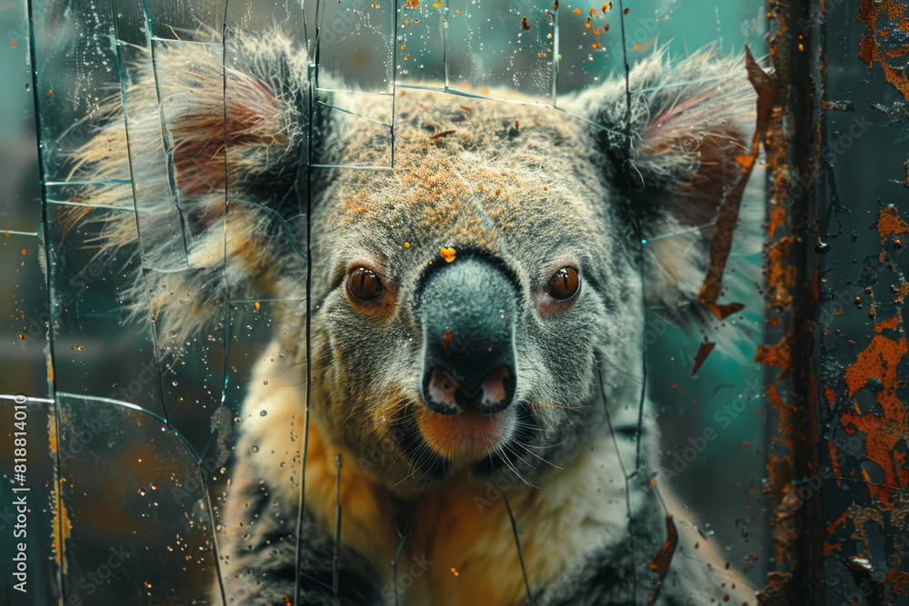Poster abstract image of a koala with a shattered outline, symbolizing the confinement of arboreal creature