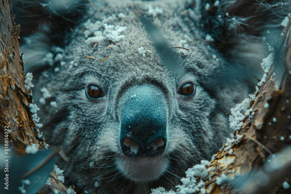 Poster abstract image of a koala with a shattered outline, symbolizing the confinement of arboreal creature