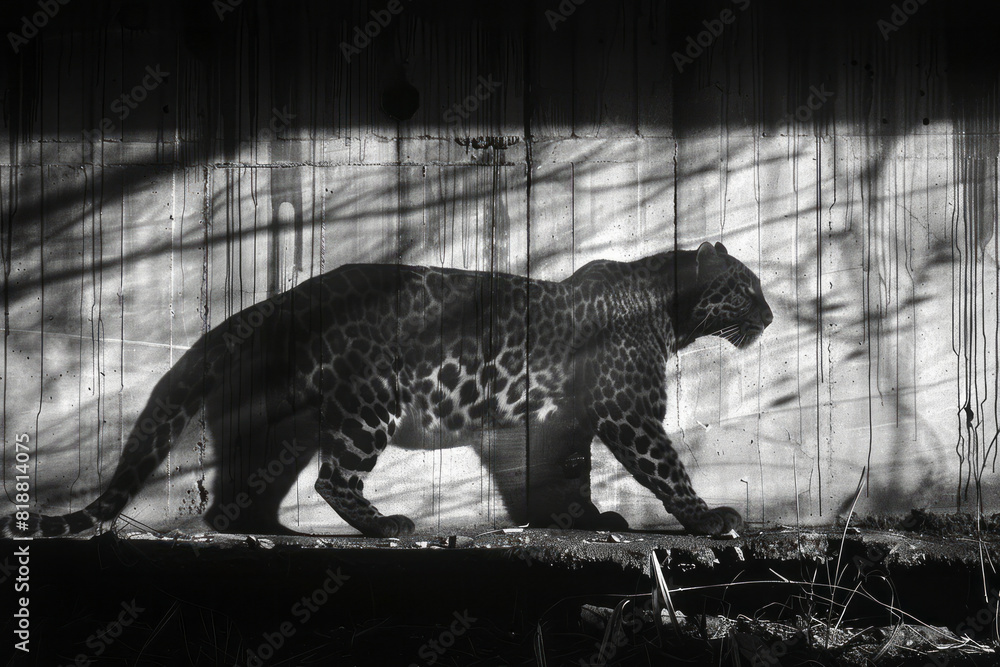 Poster artistic portrayal of a leopard with a fragmented silhouette, pieces missing to highlight its broken