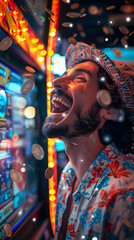 Young man celebrating that he has won at a casino machine with coins cascading over him, casino concept, gambling, slots concept
