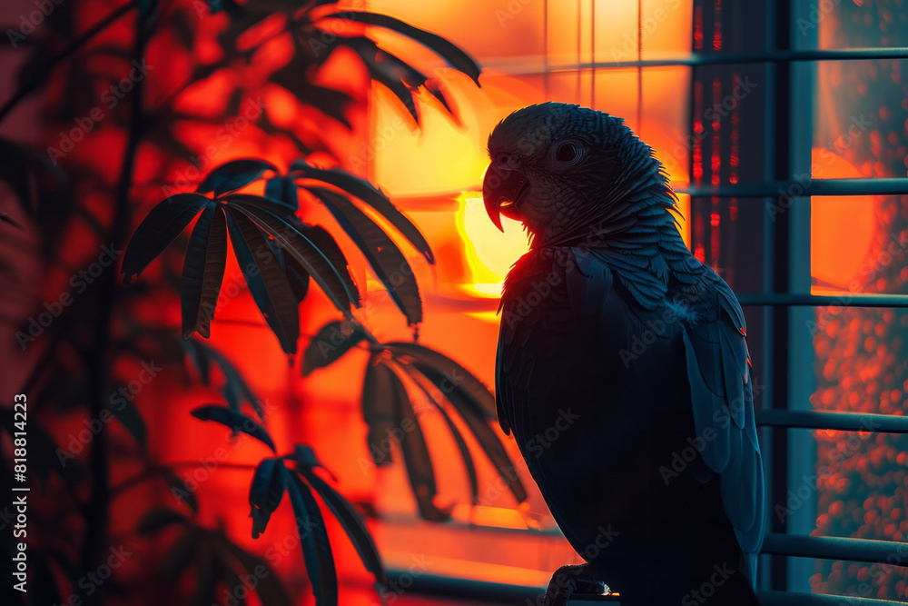 Poster Dynamic image of a parrot with a broken form, gaps in its silhouette symbolizing the impact of captivity on its vibrant life,
