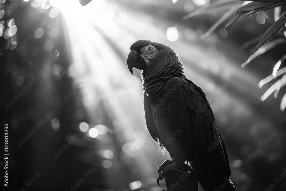 Fototapete Dynamic image of a parrot with a broken form, gaps in its silhouette symbolizing the impact of captivity on its vibrant life,